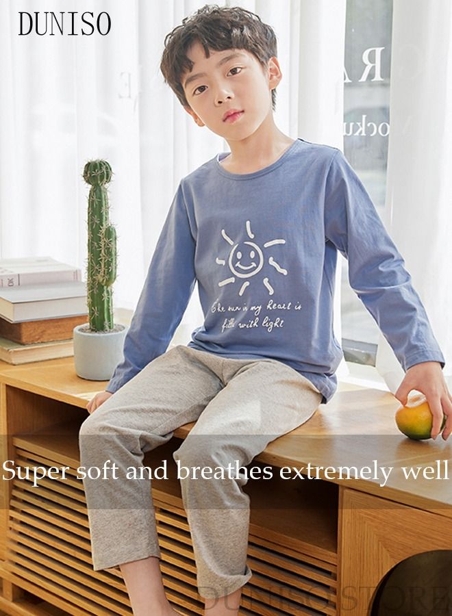 DUNISO 2-Piece Boy's Soft Pajamas Set Long Sleeve Cotton Sleepwear Loungewear Round Neck Nightwear Pajama Sets Spring And Autumn Home Wear Long Sleeve Top And Pants - Image 2