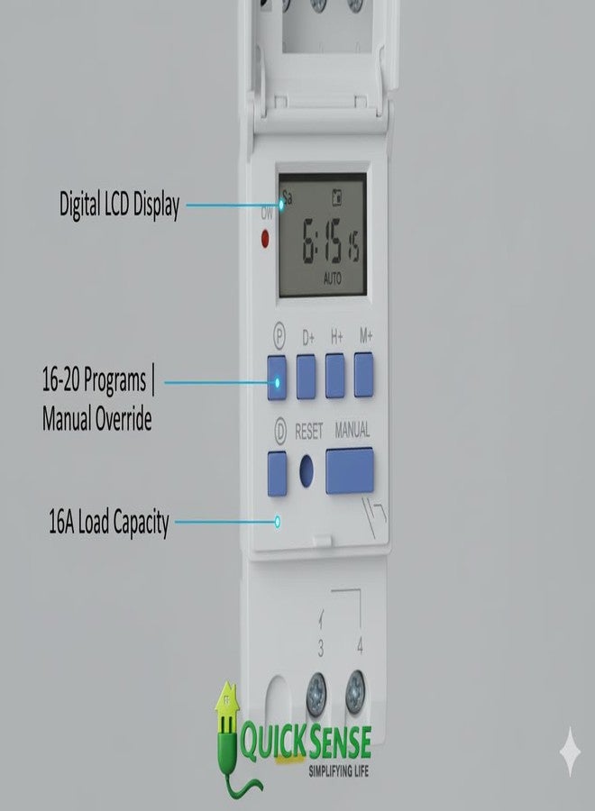 Quick Sense QS-T3 (Silver 4 Pin) Digital Timer Switch | 30A Heavy-Duty Programmable Controller | DIN Rail Mount | 16 On/Off Schedules | LCD Display | Industrial & Home Automation - Image 5