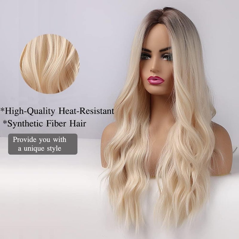 Esmee 26 Inches Long Blonde Wigs for Women Natural Synthetic Hair Ombre Blonde Wig with Dark Roots Synthetic Wig Loose Wavy Wigs Heat Resistant - Image 3