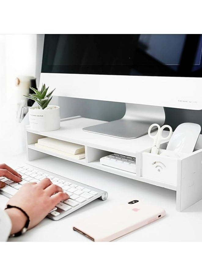 Hihonor 2-Tier Computer Monitor Stand Riser,Desktop Wood Stand with Storage WiFi Box and Mobile Phone Holder for Home Office,Desk Riser Desktop Organizer Stand for Computer Laptop Printer  - Image 1