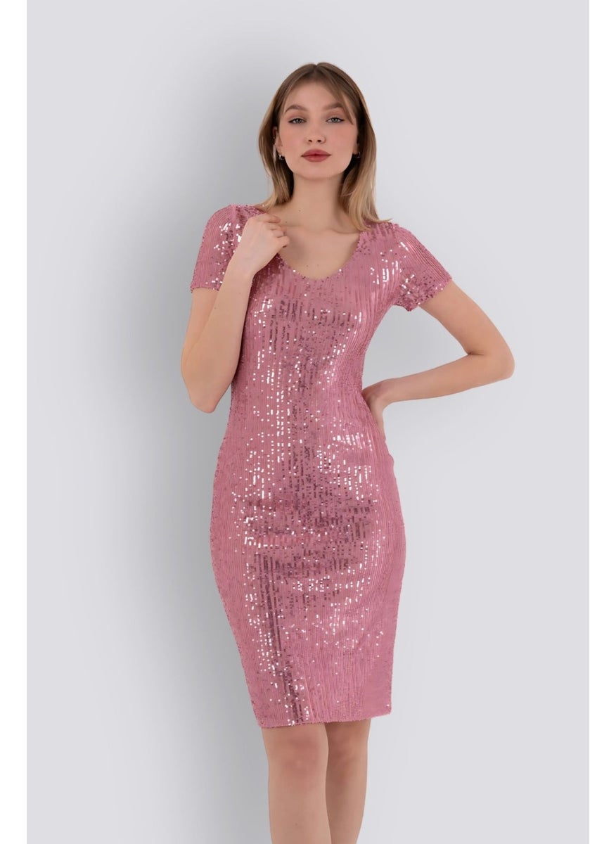 HOX'S Liana | Sequined Short Sleeve Knee Length Pencil Dress - Powder  - Image 1