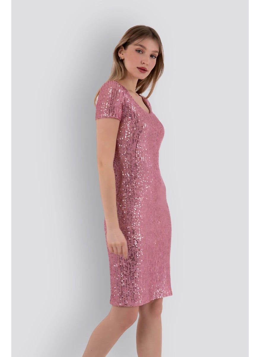 HOX'S Liana | Sequined Short Sleeve Knee Length Pencil Dress - Powder  - Image 2