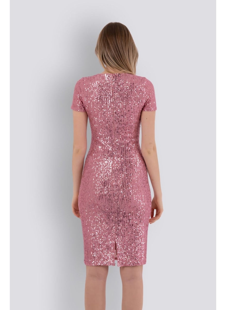 HOX'S Liana | Sequined Short Sleeve Knee Length Pencil Dress - Powder  - Image 5