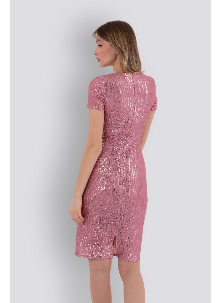 HOX'S Liana | Sequined Short Sleeve Knee Length Pencil Dress - Powder  - Image 4