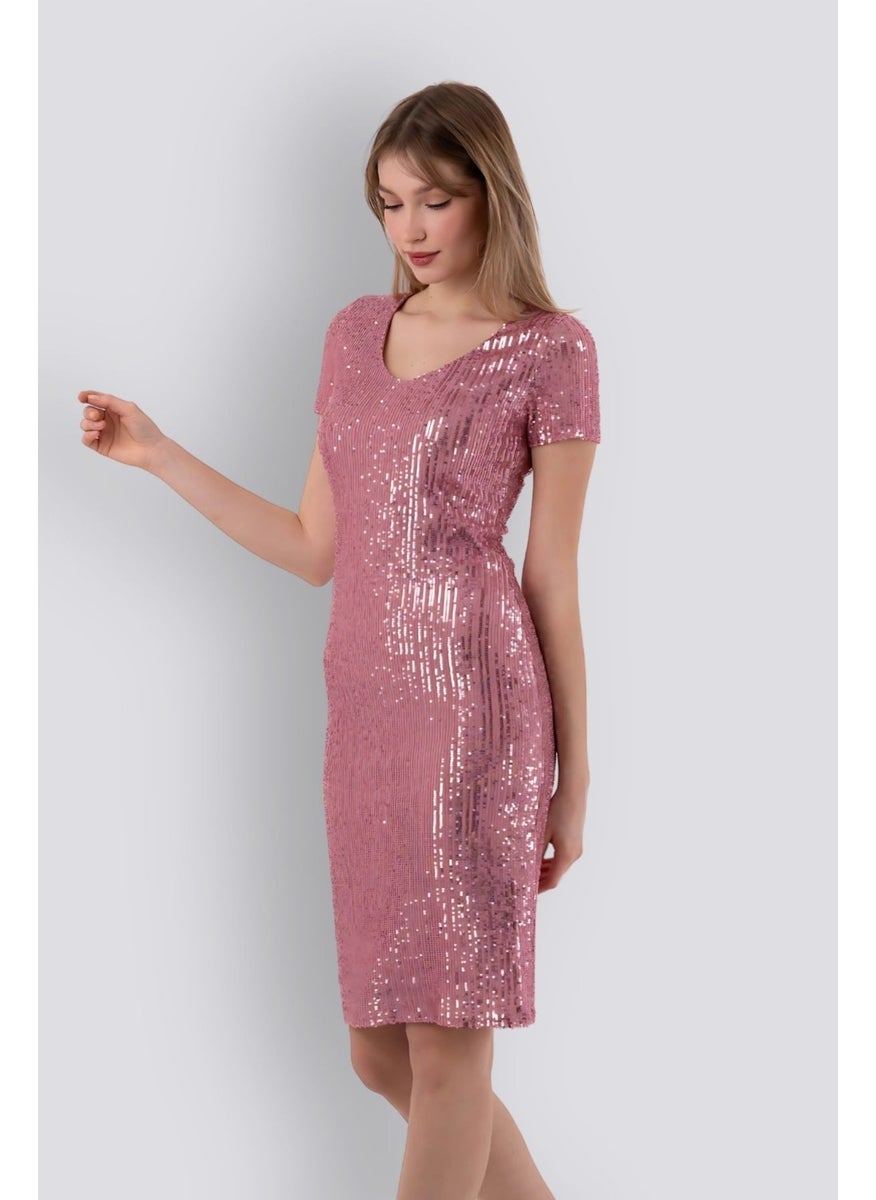 HOX'S Liana | Sequined Short Sleeve Knee Length Pencil Dress - Powder  - Image 3