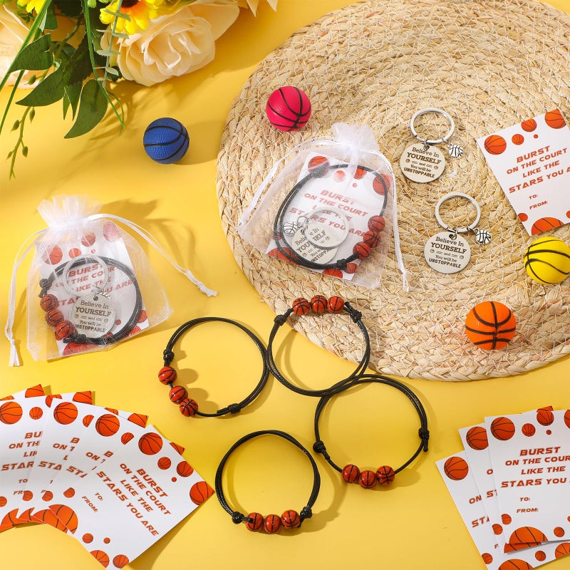 Ferreve 72 Pcs Basketball Party Favors Bulk Includes 18 Basketball Keychains 18 Bracelets 18 Inspirational Cards 18 White Organza Bags Team Gift for Team Players Birthday Party Supplies - Image 5