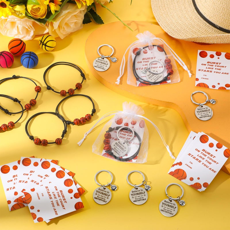 Ferreve 72 Pcs Basketball Party Favors Bulk Includes 18 Basketball Keychains 18 Bracelets 18 Inspirational Cards 18 White Organza Bags Team Gift for Team Players Birthday Party Supplies - Image 4