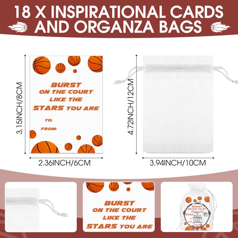 Ferreve 72 Pcs Basketball Party Favors Bulk Includes 18 Basketball Keychains 18 Bracelets 18 Inspirational Cards 18 White Organza Bags Team Gift for Team Players Birthday Party Supplies - Image 2