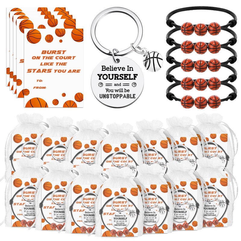 Ferreve 72 Pcs Basketball Party Favors Bulk Includes 18 Basketball Keychains 18 Bracelets 18 Inspirational Cards 18 White Organza Bags Team Gift for Team Players Birthday Party Supplies - Image 1