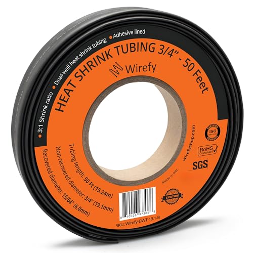 Wirefy | Heat Shrink Tubing - 3/4" inch - 3:1 Ratio - Adhesive Dual Wall Waterproof - Heat Shrink Tube - Heatshrink Tubes - Black - 50 Feet Roll | Trusted UL Certification - Image 1
