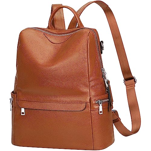 MUCHOVA Genuine Leather Contrast Backpack Purse for Women Convertible Shoulder Bag Large Laptop Backpack (Tan) - Image 2
