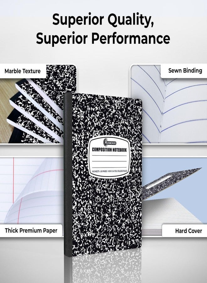 Rosmonde College Ruled Composition Notebooks 5 Pack, 200 Pages (100 Sheets), 9-3/4" x 7-1/2", White & Black Marble Composition Book, Hard Cover, Sturdy Sewn Binding, School, College & Office Supplies - Image 2