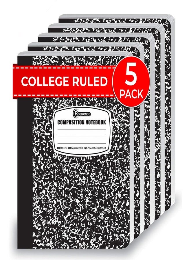 Rosmonde College Ruled Composition Notebooks 5 Pack, 200 Pages (100 Sheets), 9-3/4" x 7-1/2", White & Black Marble Composition Book, Hard Cover, Sturdy Sewn Binding, School, College & Office Supplies - Image 1