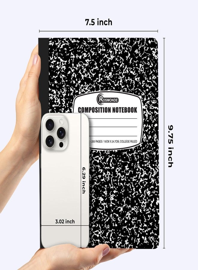 Rosmonde College Ruled Composition Notebooks 5 Pack, 200 Pages (100 Sheets), 9-3/4" x 7-1/2", White & Black Marble Composition Book, Hard Cover, Sturdy Sewn Binding, School, College & Office Supplies - Image 3