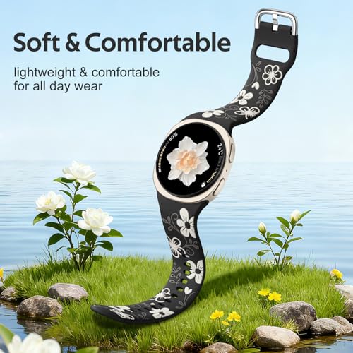 Witzon Floral Band Compatible with Samsung Galaxy Watch 8 Band 40mm 44mm, Samsung Galaxy Watch 8 Classic 46mm, Cute Soft Silicone No Gap Sport Strap Replacement for Women Men, Black - Image 3