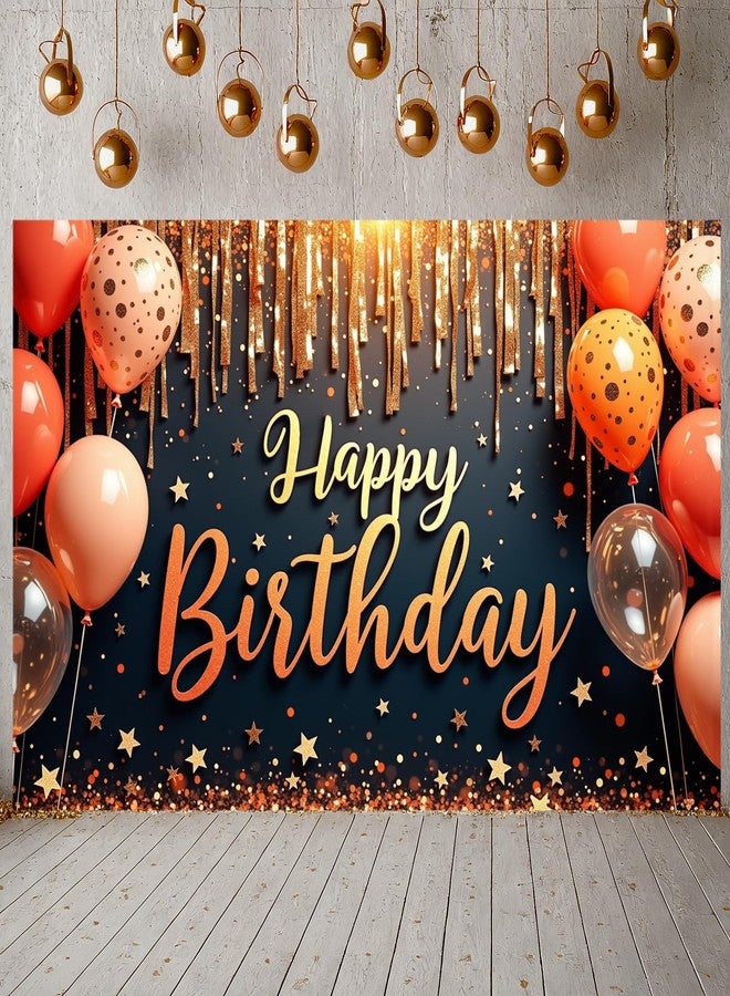 LUUFILx Black Orange Happy Birthday Banner Backdrop for Women Men Gold Glitter Balloon Stars Birthday Photography Background Photo Booth Props for Girls Boys Bday Party Wall Decorations Supplies 71x43 inch - Image 1