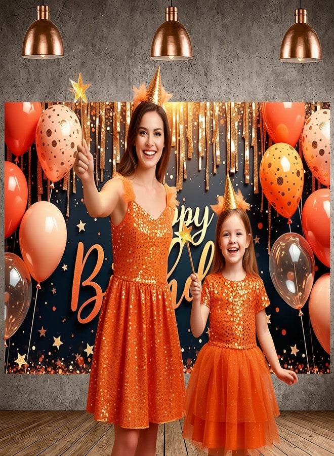 LUUFILx Black Orange Happy Birthday Banner Backdrop for Women Men Gold Glitter Balloon Stars Birthday Photography Background Photo Booth Props for Girls Boys Bday Party Wall Decorations Supplies 71x43 inch - Image 4