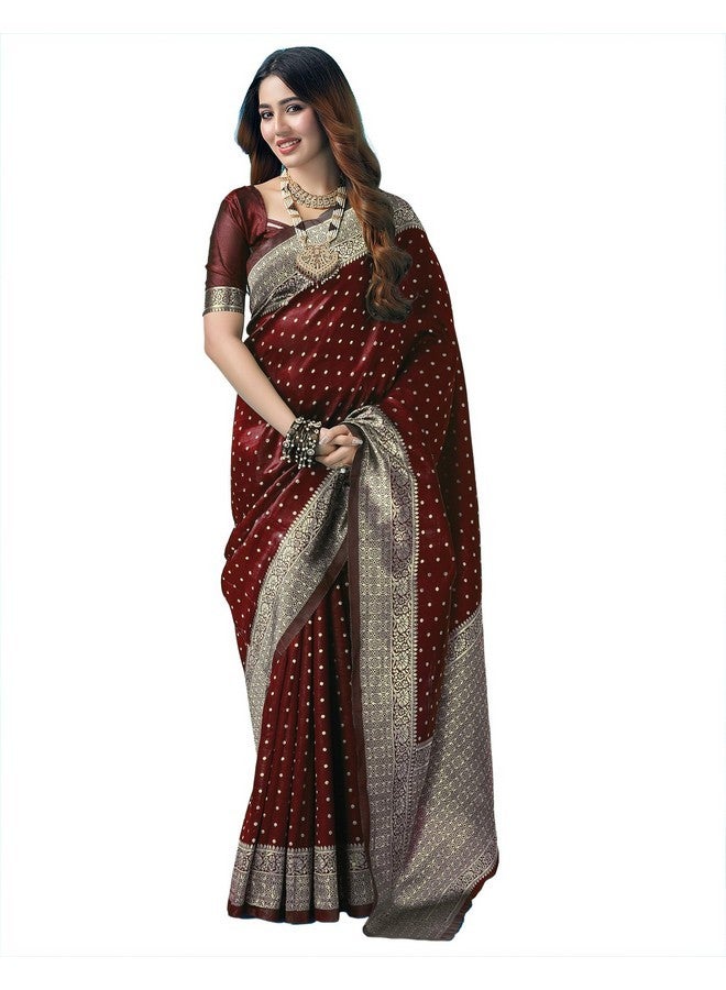 SIRIL ساري سيريلي من الحرير الصناعي النسائي بتصميم بناراسي جاكار مع قطعة بلوزة غير مخيطة (3412S157_بني) - Image 1