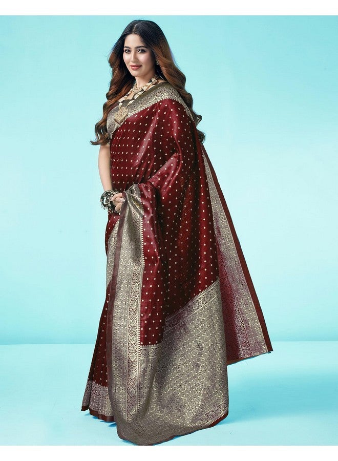 SIRIL ساري سيريلي من الحرير الصناعي النسائي بتصميم بناراسي جاكار مع قطعة بلوزة غير مخيطة (3412S157_بني) - Image 2