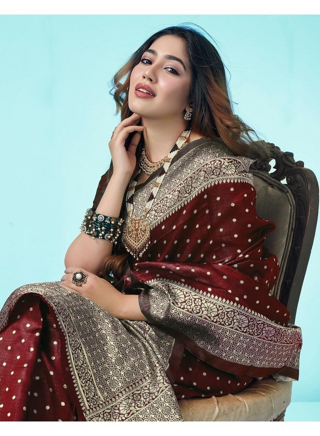 SIRIL ساري سيريلي من الحرير الصناعي النسائي بتصميم بناراسي جاكار مع قطعة بلوزة غير مخيطة (3412S157_بني) - Image 4