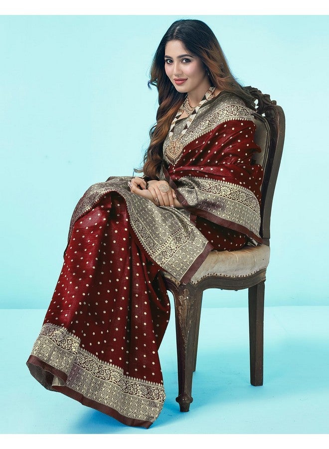 SIRIL ساري سيريلي من الحرير الصناعي النسائي بتصميم بناراسي جاكار مع قطعة بلوزة غير مخيطة (3412S157_بني) - Image 5