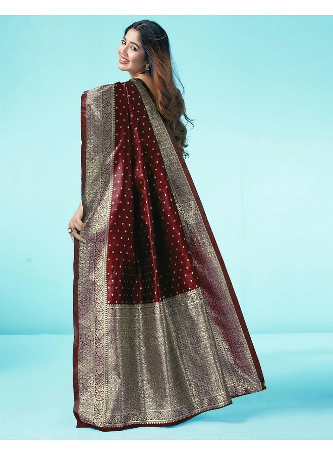 SIRIL ساري سيريلي من الحرير الصناعي النسائي بتصميم بناراسي جاكار مع قطعة بلوزة غير مخيطة (3412S157_بني) - Image 3