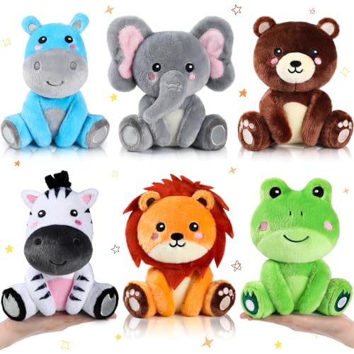RoundFunny 6 Pcs Forest Animals Toys 7 Inch Zebra Lion Hippo Bear Elephant Frog Large Stuffed Animals Bulk for Woodland Baby Showers Party Decor Birthday Gifts Classroom Teacher Student Awards - Image 1