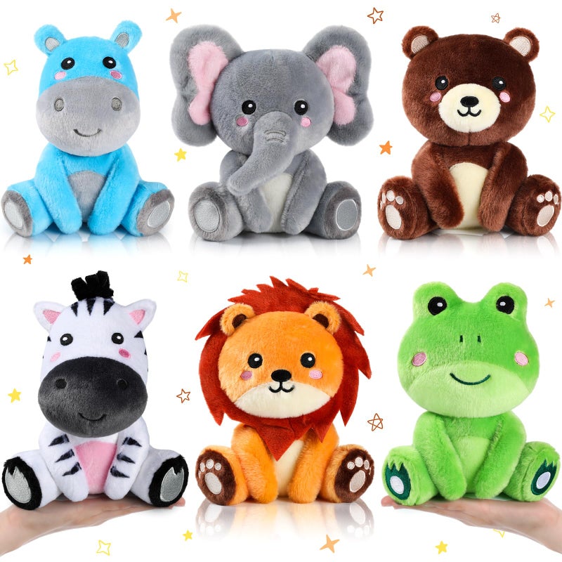 RoundFunny 6 Pcs Forest Animals Toys 7 Inch Zebra Lion Hippo Bear Elephant Frog Large Stuffed Animals Bulk for Woodland Baby Showers Party Decor Birthday Gifts Classroom Teacher Student Awards - Image 3