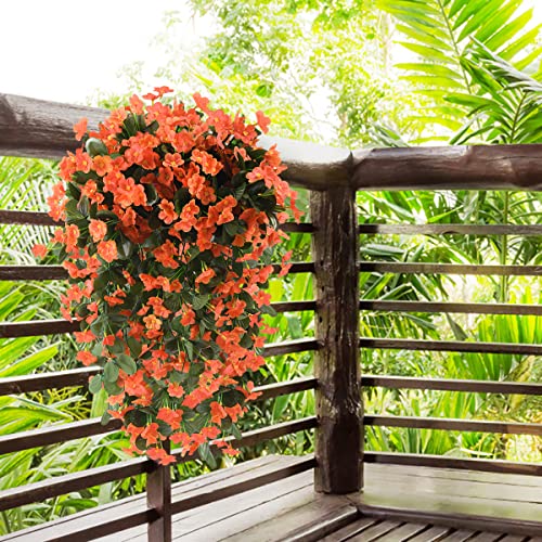 ZFProcess Artificial Fake Hanging Flowers Plants for Outdoor Fall Decoration, 2PCS Faux Silk Violet UV Resistant Look Real Trailing Vines for Outside Home Planter Porch Patio Mums Autumn Decor(Orange) - Image 2