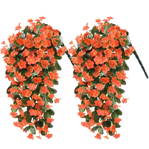 ZFProcess Artificial Fake Hanging Flowers Plants for Outdoor Fall Decoration, 2PCS Faux Silk Violet UV Resistant Look Real Trailing Vines for Outside Home Planter Porch Patio Mums Autumn Decor(Orange) - Image 1