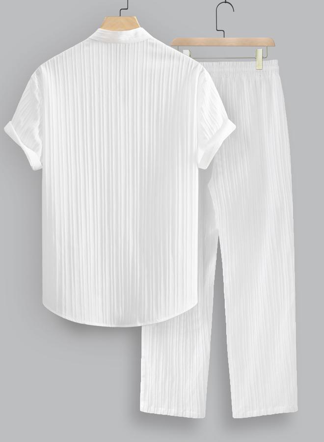 تايك تو طقم قميص قصير بأكمام قصيرة وياقة واقفة مخططة وبنطلون من ستايلي - Image 2