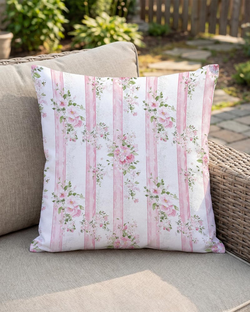 PreLiving Vintage Pink Floral Pillow Cover 18x18 â€“ Striped Pastel Rose Cushion Case for Coquette Cottagecore Bedroom or Grandmillennial Decor - Image 2