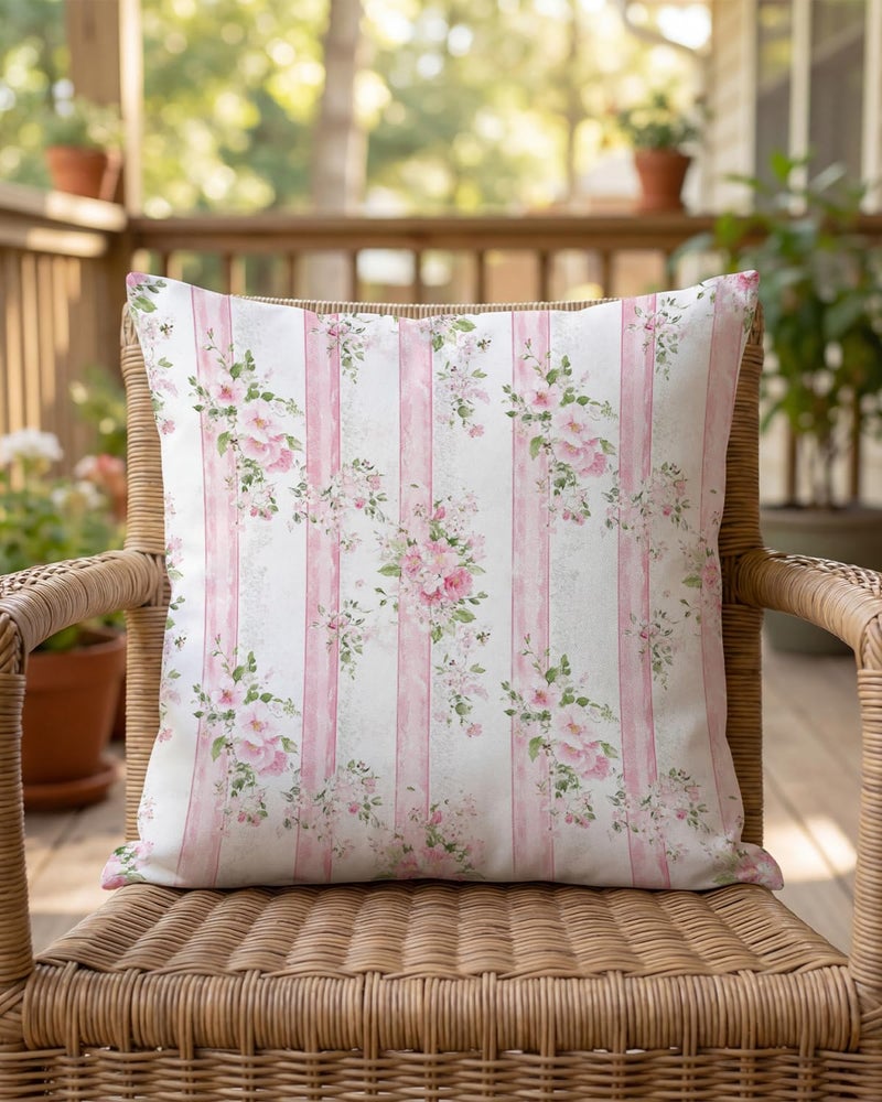 PreLiving Vintage Pink Floral Pillow Cover 18x18 â€“ Striped Pastel Rose Cushion Case for Coquette Cottagecore Bedroom or Grandmillennial Decor - Image 5