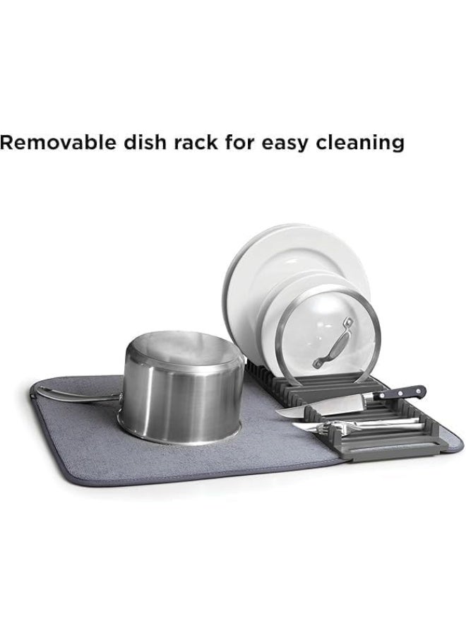 2-in-1 Dish Drying Rack with Absorbent Microfiber Mat, Removable Rust-Resistant Rack, Non-Slip Mat, Machine Washable, Ideal for Small Kitchens, Space-Saving Dish Organizer, Grey - Image 3