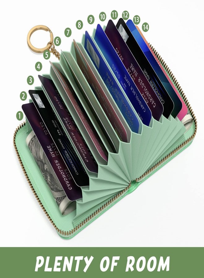 Aiawoxc Credit Card Holder for Women, Small RFID Wallet Slim Leather Business Card Organizer Case with Zipper and Keychain, A-Green, Card Holder, Modern - Image 3
