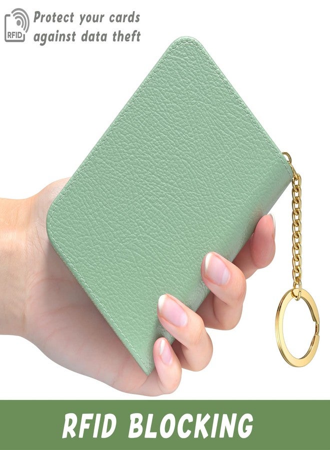 Aiawoxc Credit Card Holder for Women, Small RFID Wallet Slim Leather Business Card Organizer Case with Zipper and Keychain, A-Green, Card Holder, Modern - Image 4