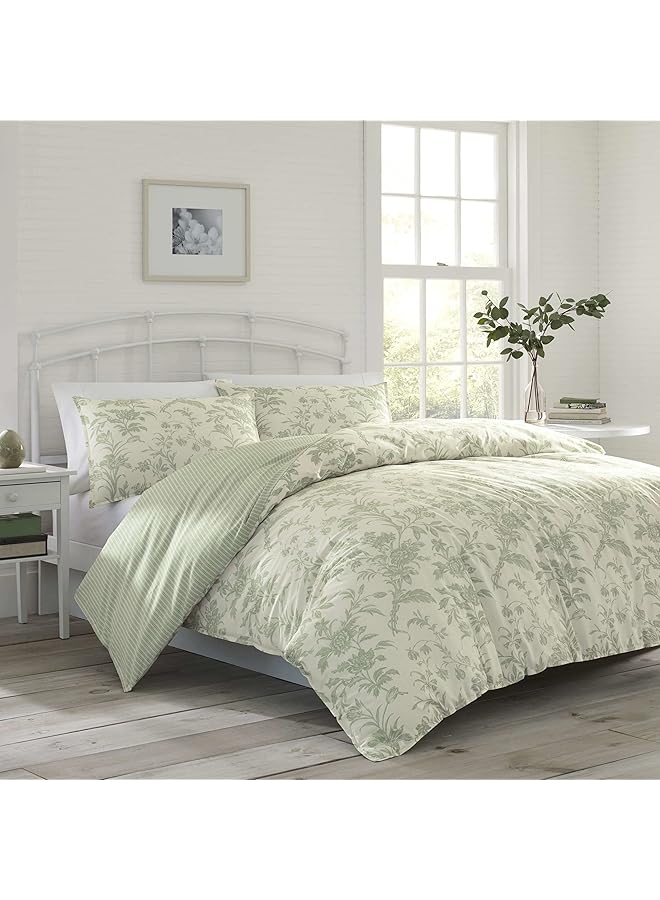 LAURA ASHLEY Home Twin Size Comforter Set Reversible Cotton Bedding Includes Matching Sham With Bonus Euro Sham And Throw Pillows Natalie Sage Off White Twin - Image 2