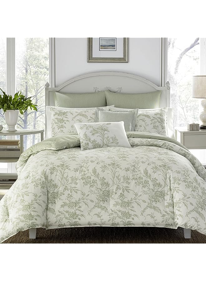 LAURA ASHLEY Home Twin Size Comforter Set Reversible Cotton Bedding Includes Matching Sham With Bonus Euro Sham And Throw Pillows Natalie Sage Off White Twin - Image 1