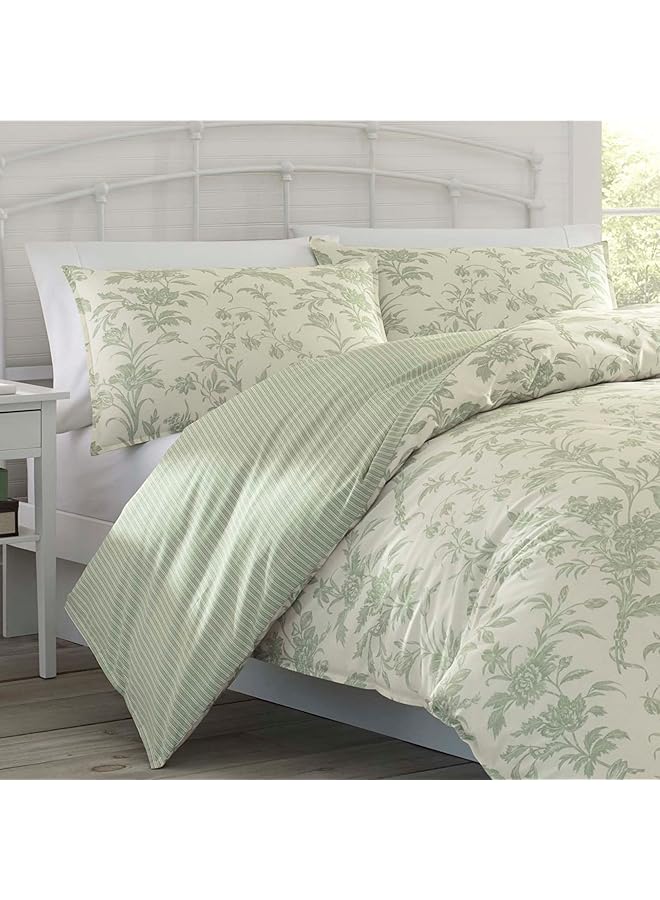 LAURA ASHLEY Home Twin Size Comforter Set Reversible Cotton Bedding Includes Matching Sham With Bonus Euro Sham And Throw Pillows Natalie Sage Off White Twin - Image 3