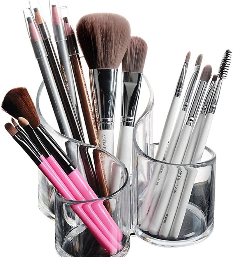 NETXE Makeup Organizer Multi-Purpose Brush and Cosmetic Holder Organiser Cosmetics Lip Gloss Pencil Storage Solution 3 Compartment Round Slots | Transparent- Pack Of 1 | - Image 3