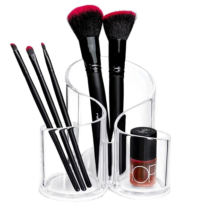 NETXE Makeup Organizer Multi-Purpose Brush and Cosmetic Holder Organiser Cosmetics Lip Gloss Pencil Storage Solution 3 Compartment Round Slots | Transparent- Pack Of 1 | - Image 1