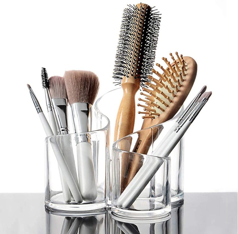 NETXE Makeup Organizer Multi-Purpose Brush and Cosmetic Holder Organiser Cosmetics Lip Gloss Pencil Storage Solution 3 Compartment Round Slots | Transparent- Pack Of 1 | - Image 5
