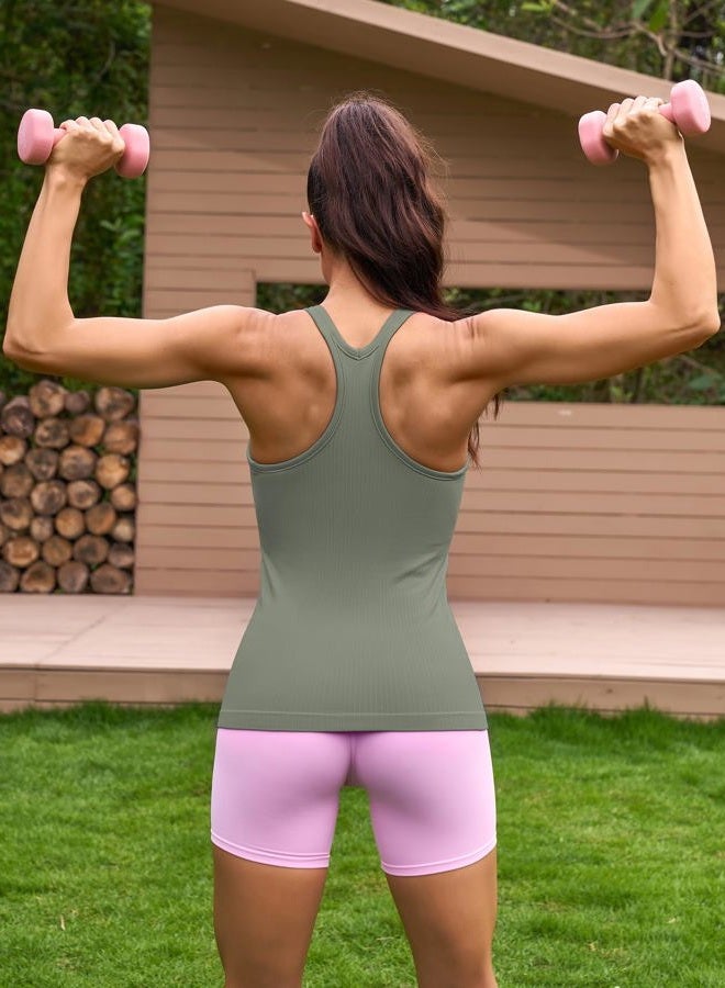 ATTRACO Yoga Tank Tops for Women with Built in Bra Slim Fit Racerback Tank Gym Top Army Green L - Image 5