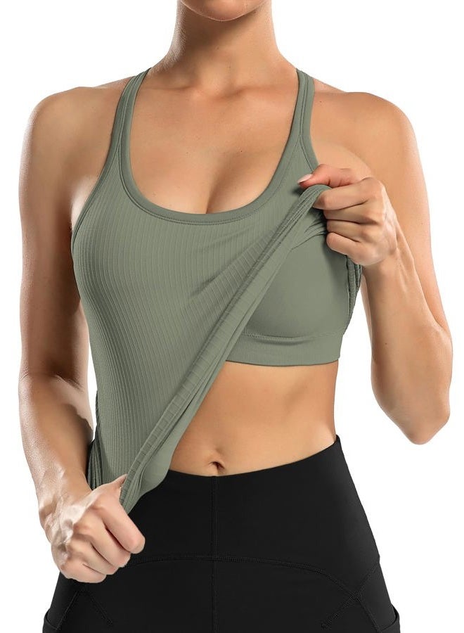 ATTRACO Yoga Tank Tops for Women with Built in Bra Slim Fit Racerback Tank Gym Top Army Green L - Image 3