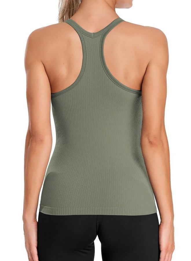 ATTRACO Yoga Tank Tops for Women with Built in Bra Slim Fit Racerback Tank Gym Top Army Green L - Image 2