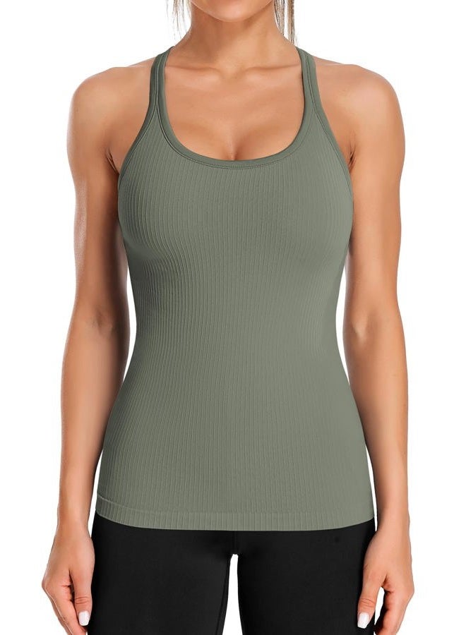 ATTRACO Yoga Tank Tops for Women with Built in Bra Slim Fit Racerback Tank Gym Top Army Green L - Image 1