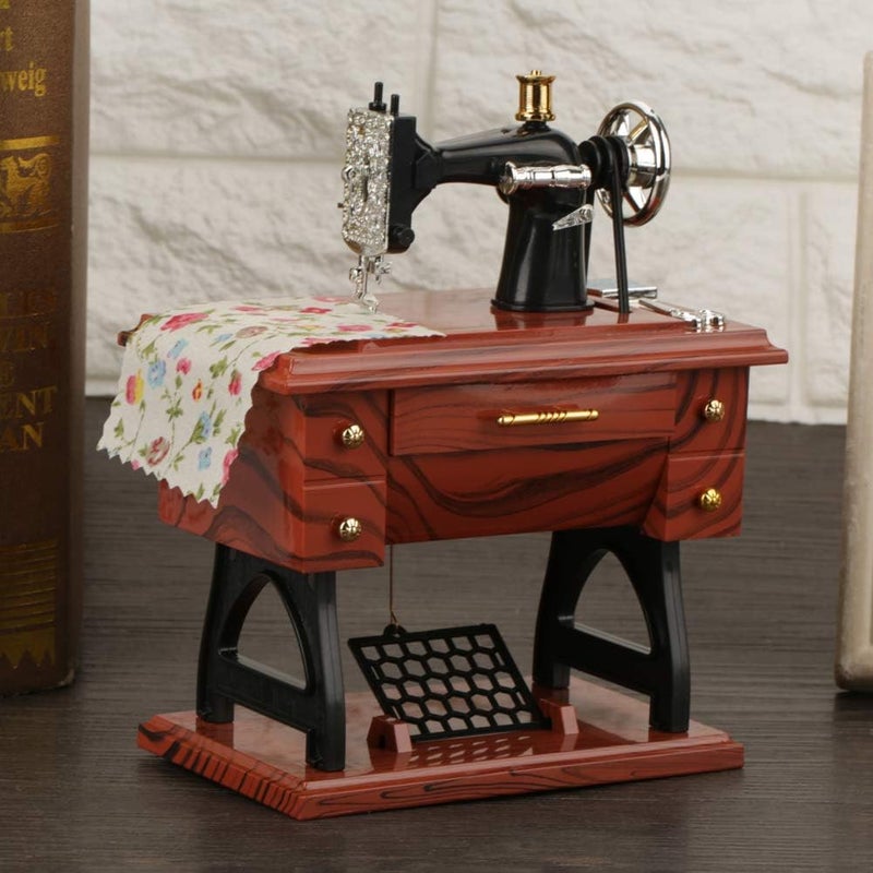 klarako Sewing Machine Music Box Sewing Music Box Mini Music Box, Clockwork Movement Design Sewing Machine Shaped Retro Style Wooden Music Box, 4.7 X 0.7 X 6.3 Inches - Image 3
