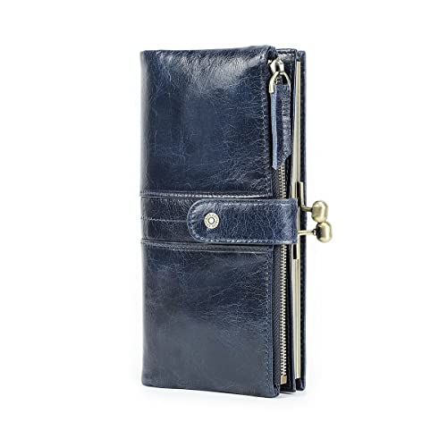 CONTACTS Kiss Lock Wallet for Women Leather Clutch Wallet Vintage Coin Purse RFID Wallet Bifold Blue Card Phone Holder - Image 1