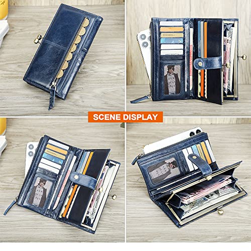 CONTACTS Kiss Lock Wallet for Women Leather Clutch Wallet Vintage Coin Purse RFID Wallet Bifold Blue Card Phone Holder - Image 5