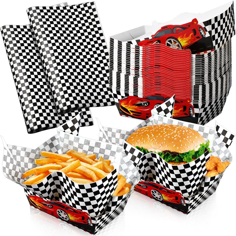 Funrous 90 Pcs Racing Paper Food Tray with Deli Liner Include 30 Pack Racing Flag Food Boats 60 Sheet Checkered Deli Paper Black White Checkered Flag Plaid Nacho Basket for Birthday Party Supplies